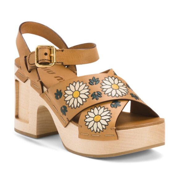 Miu Miu Shoes - MIU MIU Made In Italy Leather Painted Flowers Wooden Heeled Sandals